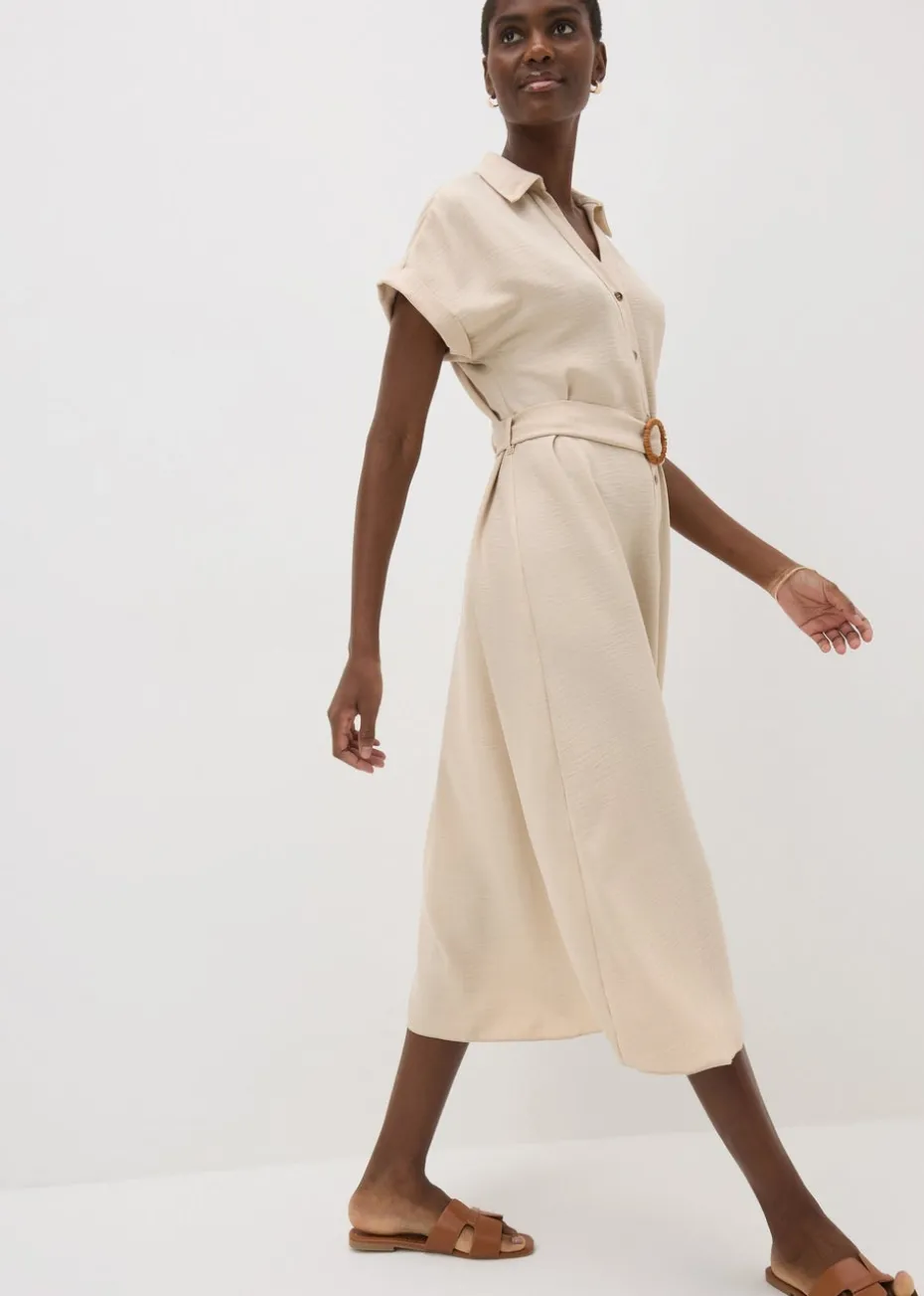 Stone Buckle Shirt Midi Dress