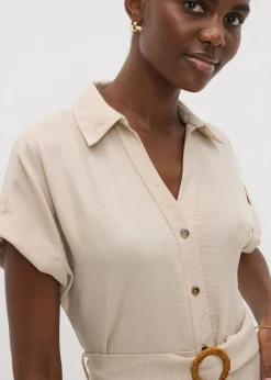 Stone Buckle Shirt Midi Dress