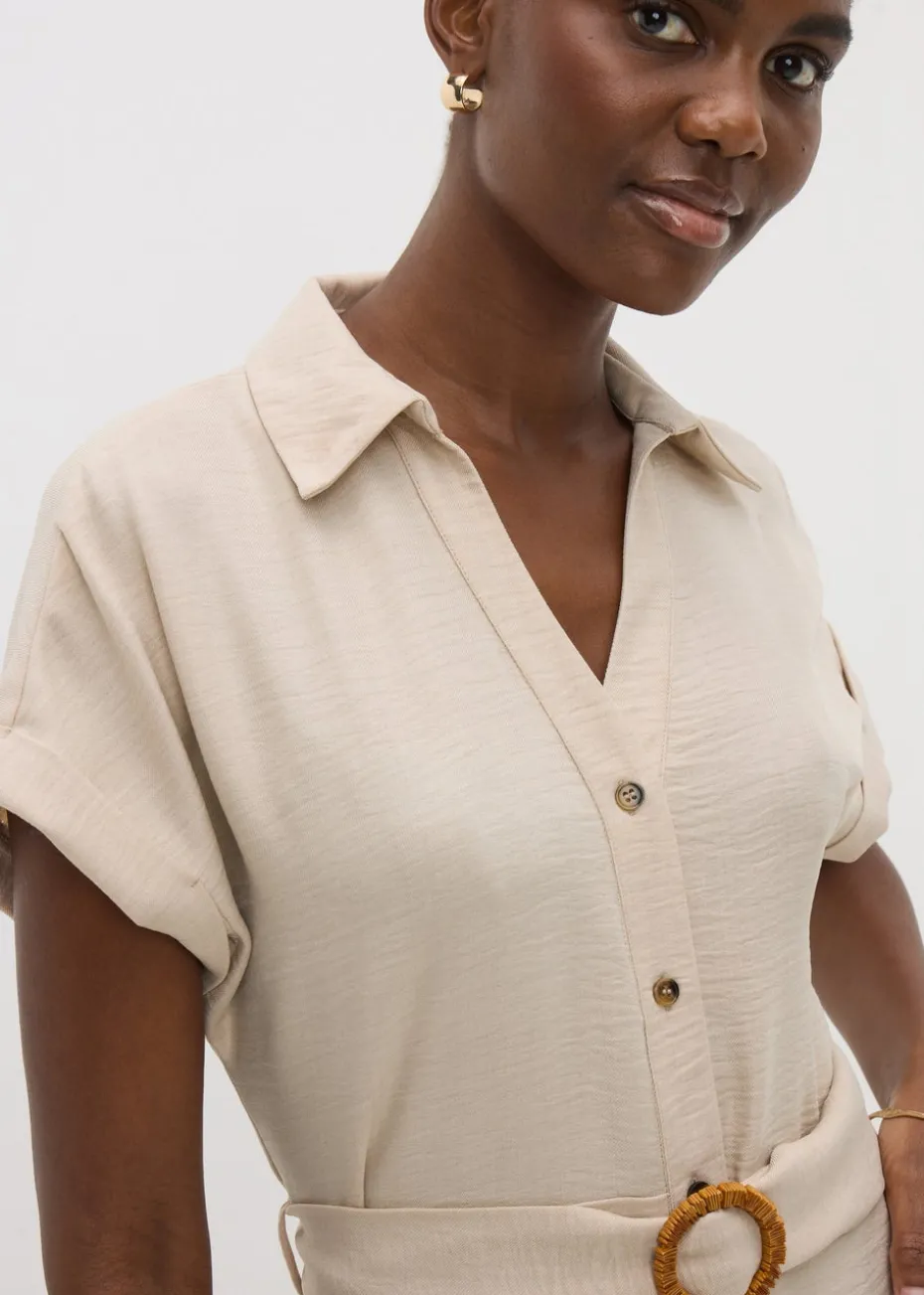 Stone Buckle Shirt Midi Dress