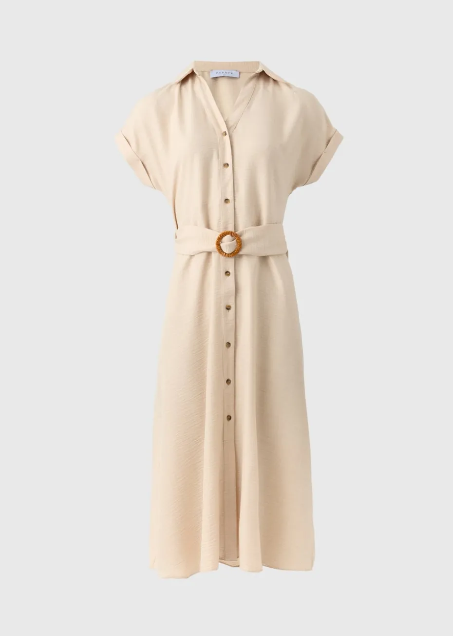 Stone Buckle Shirt Midi Dress
