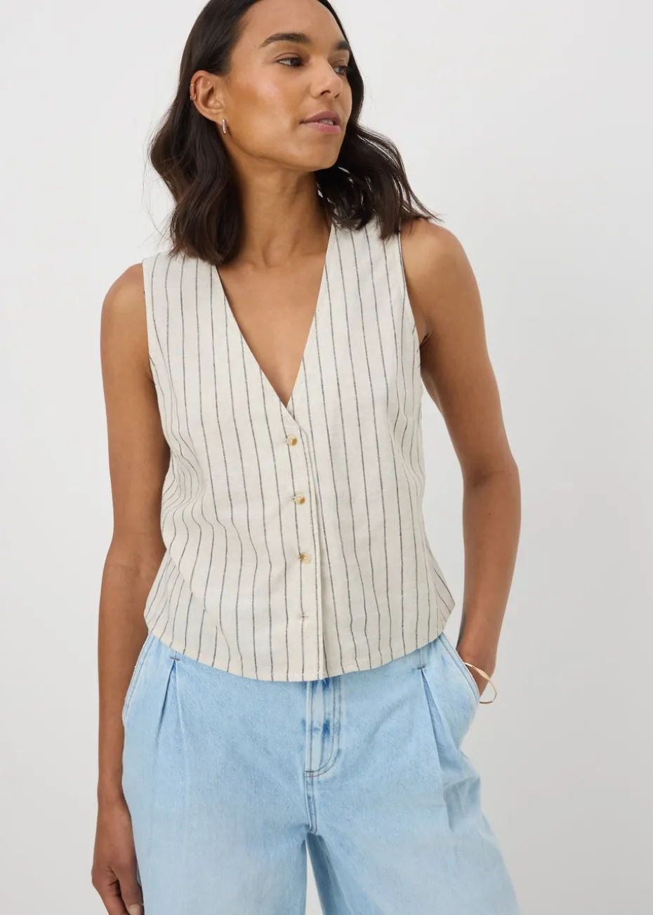 Stone Linen Blend Stripe Waistcoat