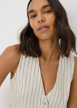 Stone Linen Blend Stripe Waistcoat