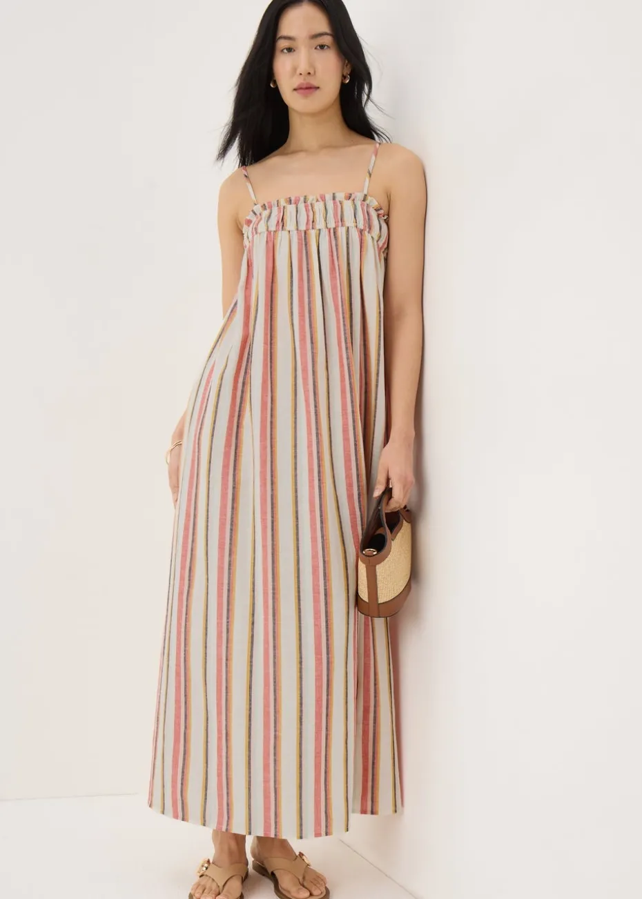 Stone Linen Blend Stripe Trapeze Cami Maxi Dress