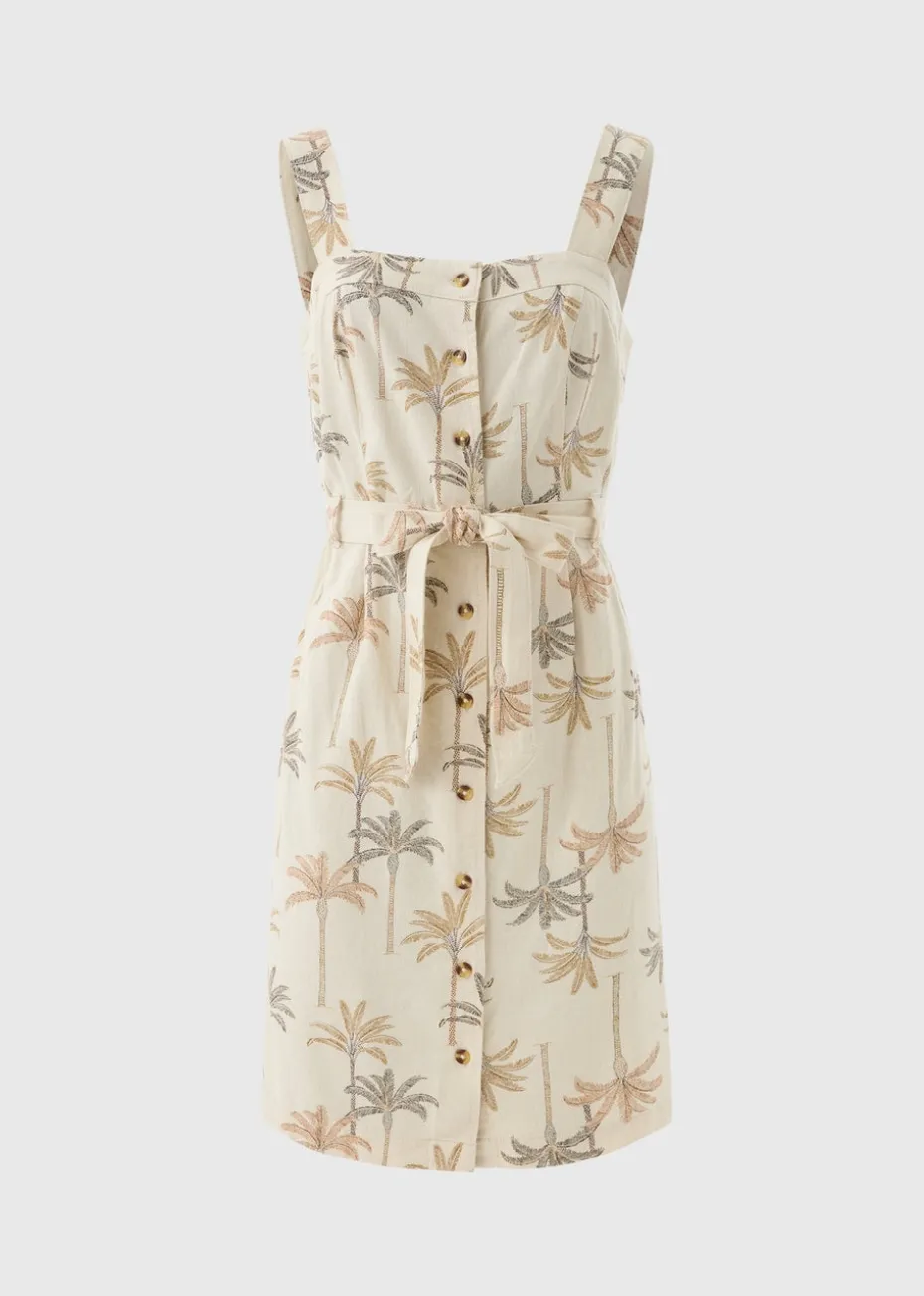 Stone Palm Print Linen Blend Dress