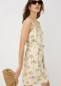 Stone Palm Print Linen Blend Dress