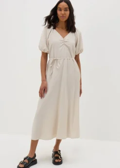 Stone Puff Sleeve Tie Waist Midi Dress