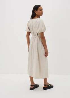 Stone Puff Sleeve Tie Waist Midi Dress