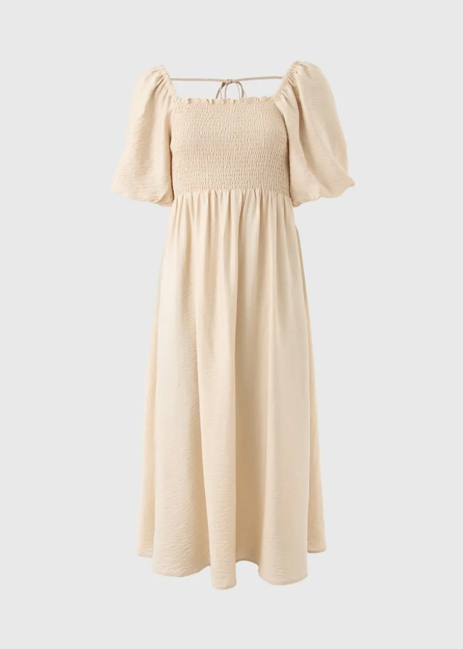 Stone Shirred Puff Sleeve Midi Dress