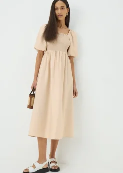 Stone Shirred Puff Sleeve Midi Dress
