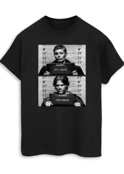 Supernatural Winchester Mugshots Women Black Printed Boyfriend Fit T-Shirt