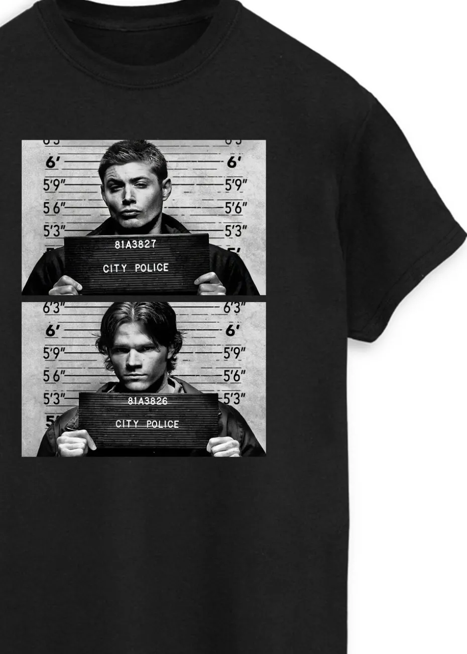 Supernatural Winchester Mugshots Women Black Printed Boyfriend Fit T-Shirt