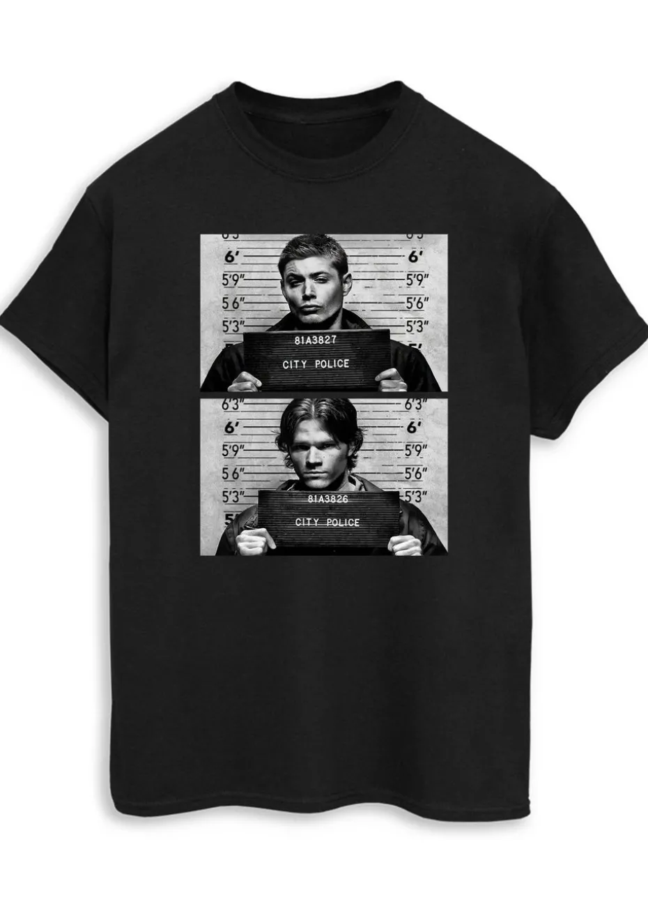Supernatural Winchester Mugshots Women Black Printed Boyfriend Fit T-Shirt