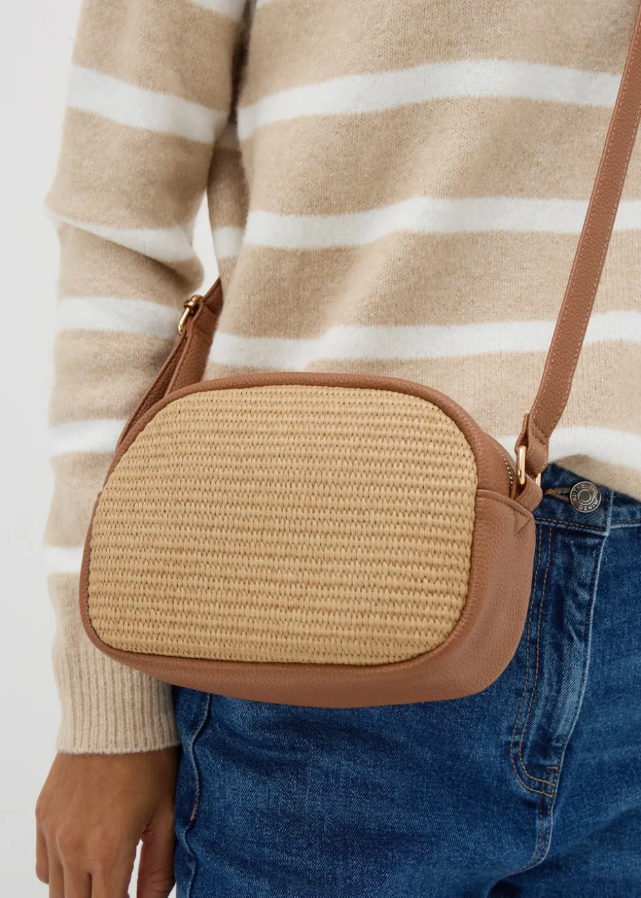 Tan Straw Camera Cross Body Bag