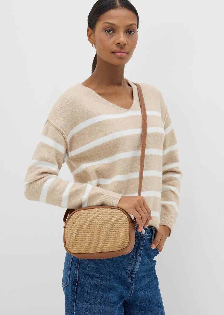 Tan Straw Camera Cross Body Bag