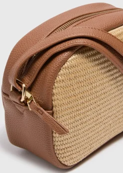 Tan Straw Camera Cross Body Bag