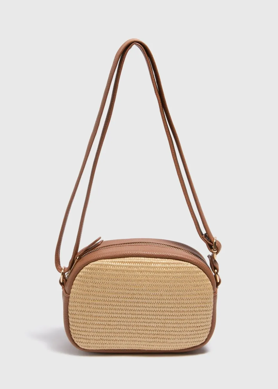 Tan Straw Camera Cross Body Bag