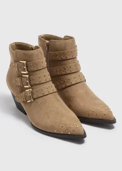 Tan Studded Buckle Western Boots