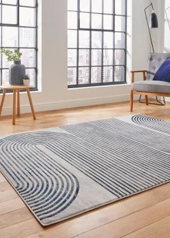 Think Rugs Apollo Grey/Navy Modern Linear Rectangle Rug
