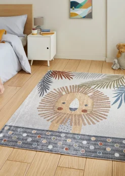 Think Rugs Grey Vida Kids Lion Washable Rug