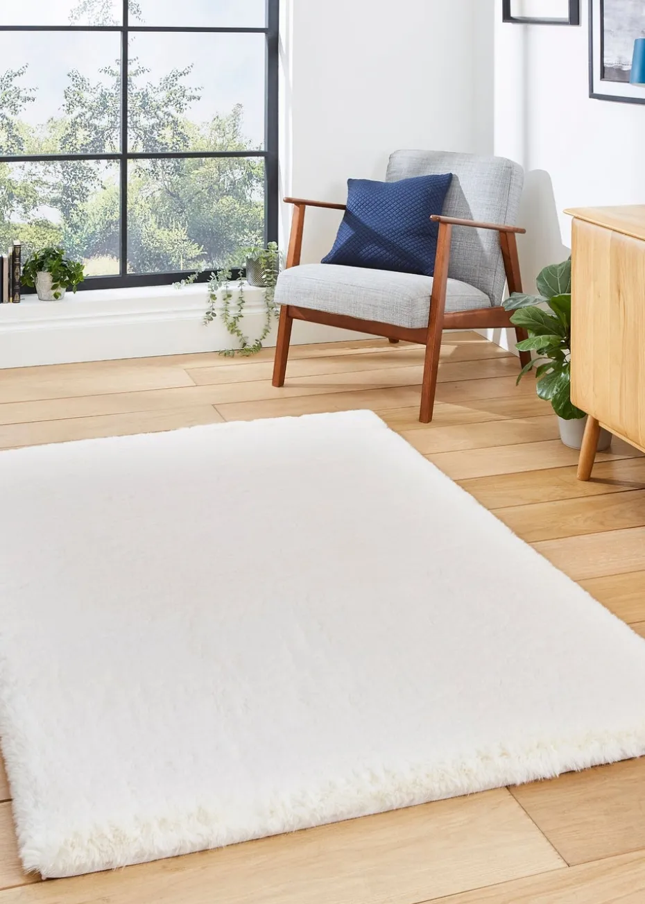 Think Rugs Super Teddy Ivory Plain Shaggy Rectangle Rug