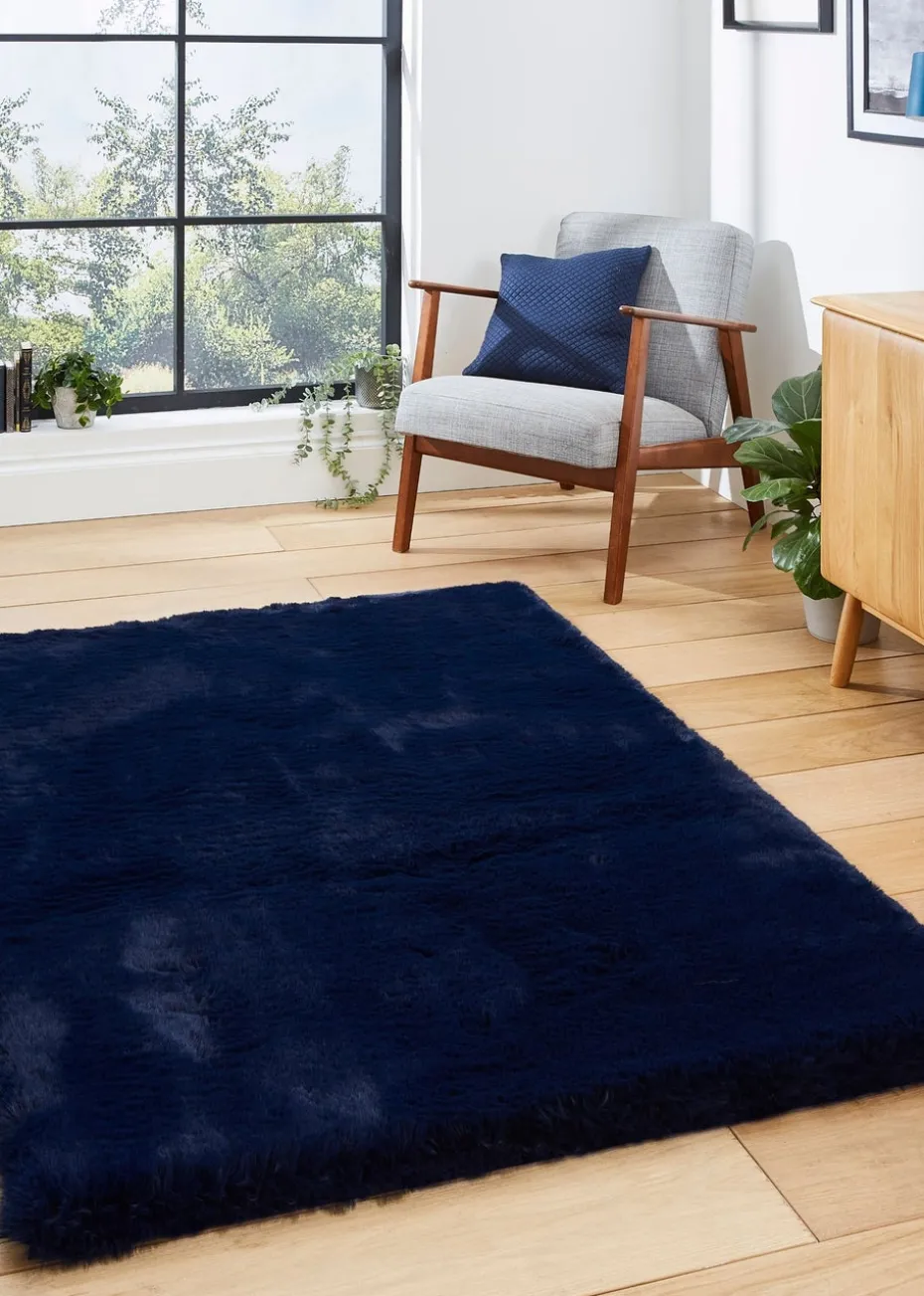 Think Rugs Super Teddy Navy Plain Shaggy Rectangle Rug