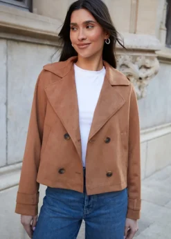 Threadbare Beige Cropped Suedette Trench Coat