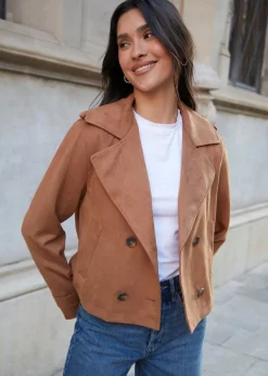 Threadbare Beige Cropped Suedette Trench Coat
