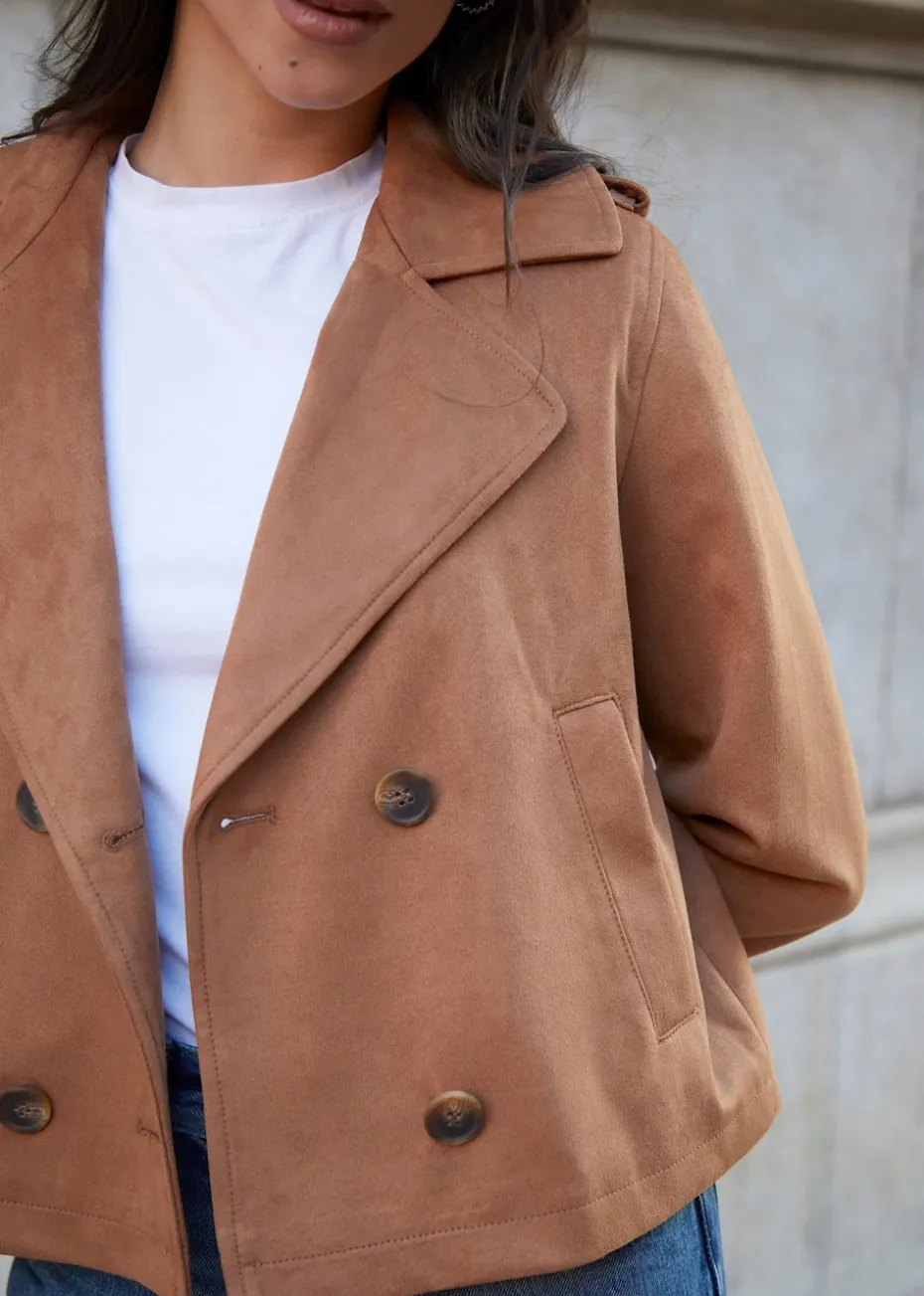 Threadbare Beige Cropped Suedette Trench Coat