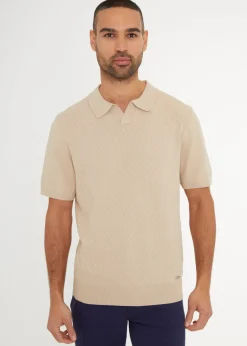 Threadbare Beige Textured Front Short Sleeve Trophy Neck Knitted Polo