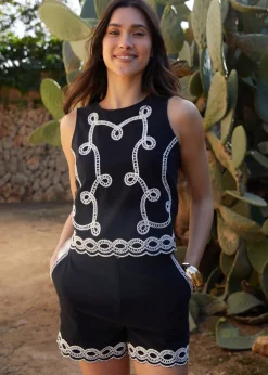 Threadbare Black Cornelli Embroidered Button Back Shell Top