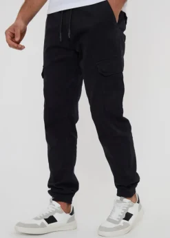 Threadbare Black Cotton Jogger Style Cargo Trousers With Stretch