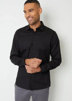 Threadbare Black Cotton Long Sleeve Shirt With Stretch