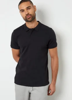 Threadbare Black Cotton Polo Shirt With Herringbone Detail Collar