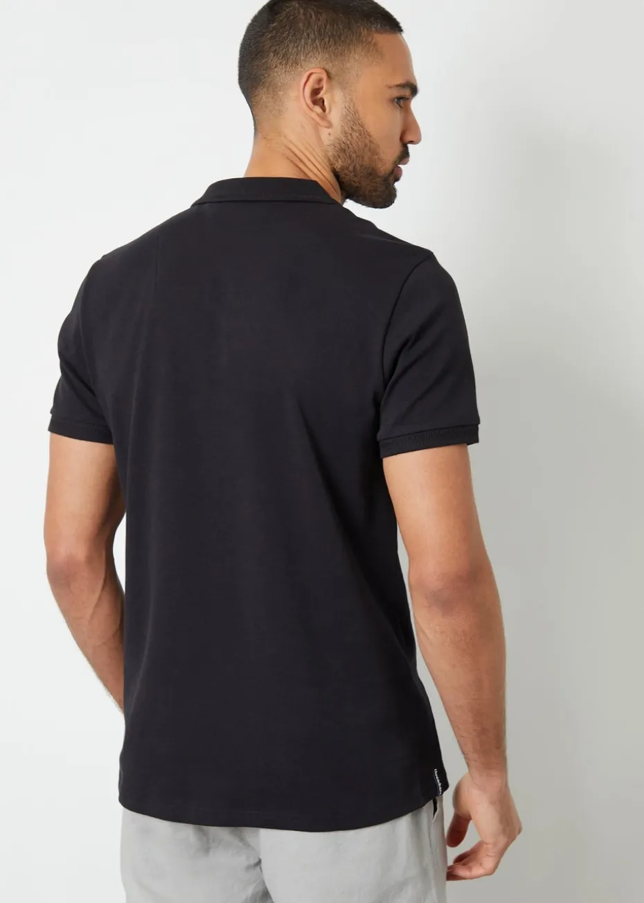 Threadbare Black Cotton Polo Shirt With Herringbone Detail Collar