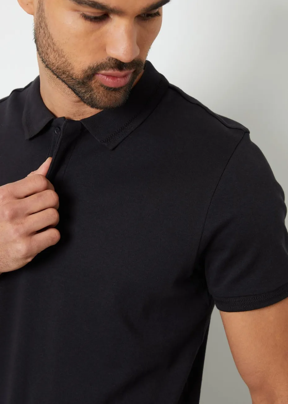 Threadbare Black Cotton Polo Shirt With Herringbone Detail Collar