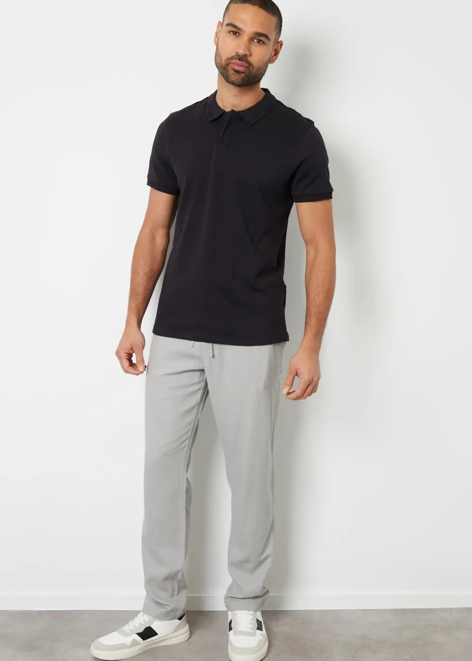 Threadbare Black Cotton Polo Shirt With Herringbone Detail Collar