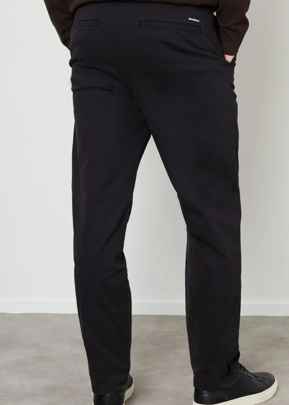 Threadbare Black Cotton Straight Leg Pleated Chino Trousers With Stretch