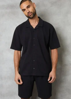 Threadbare Black Embley Textured Revere Collar Short Sleeve Shirt