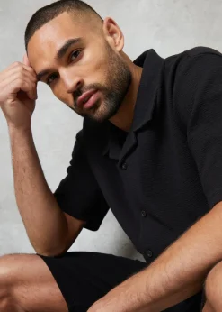 Threadbare Black Embley Textured Revere Collar Short Sleeve Shirt