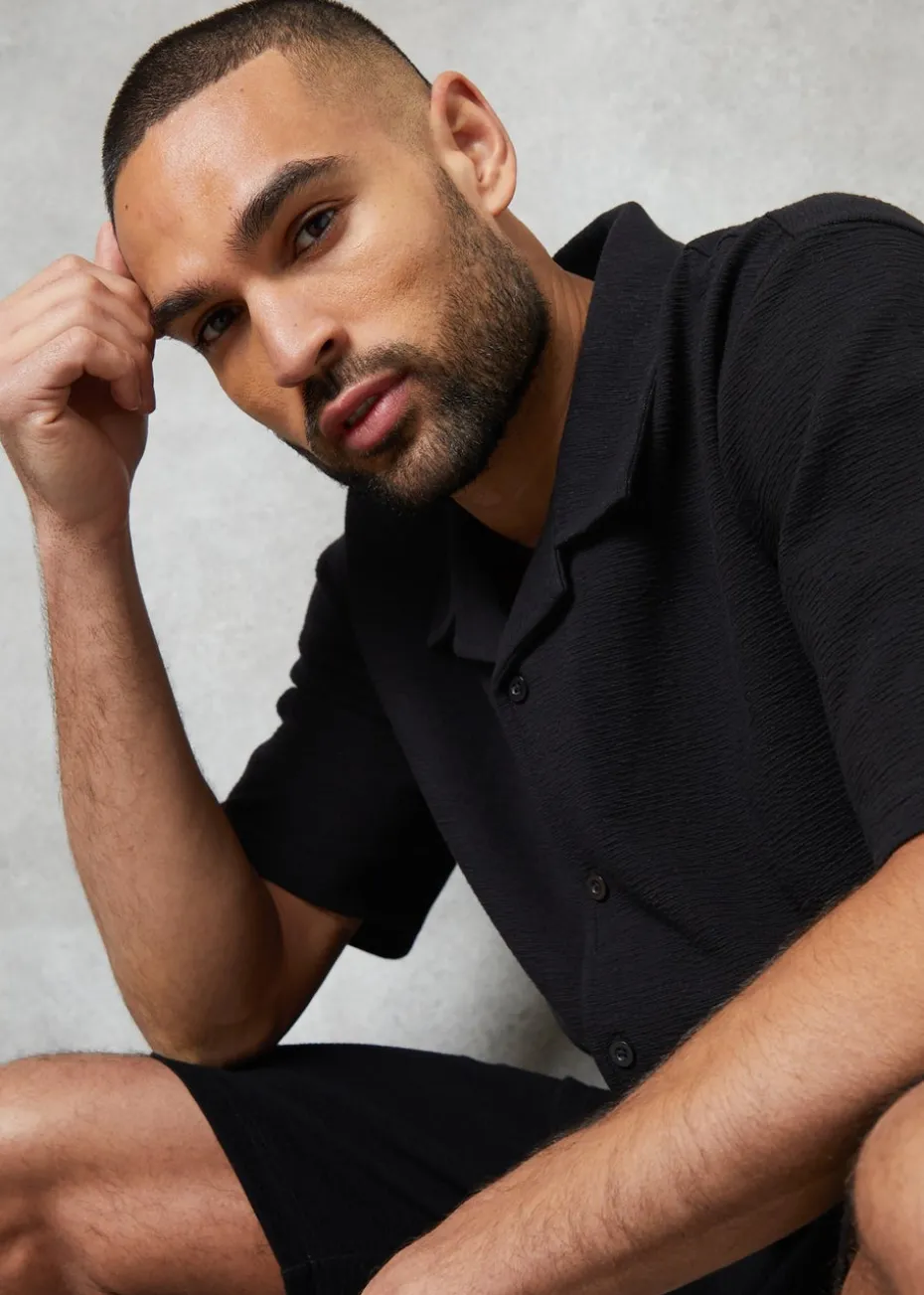 Threadbare Black Embley Textured Revere Collar Short Sleeve Shirt