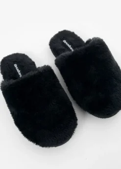 Threadbare Black Faux Fur Mule Slippers