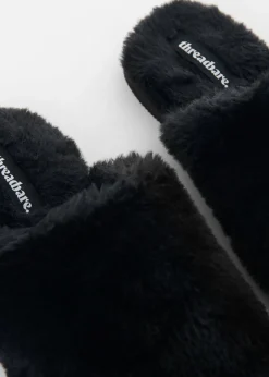 Threadbare Black Faux Fur Mule Slippers