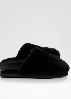 Threadbare Black Faux Fur Mule Slippers