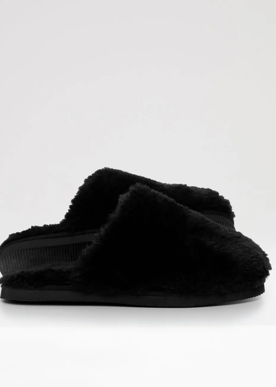 Threadbare Black Faux Fur Mule Slippers