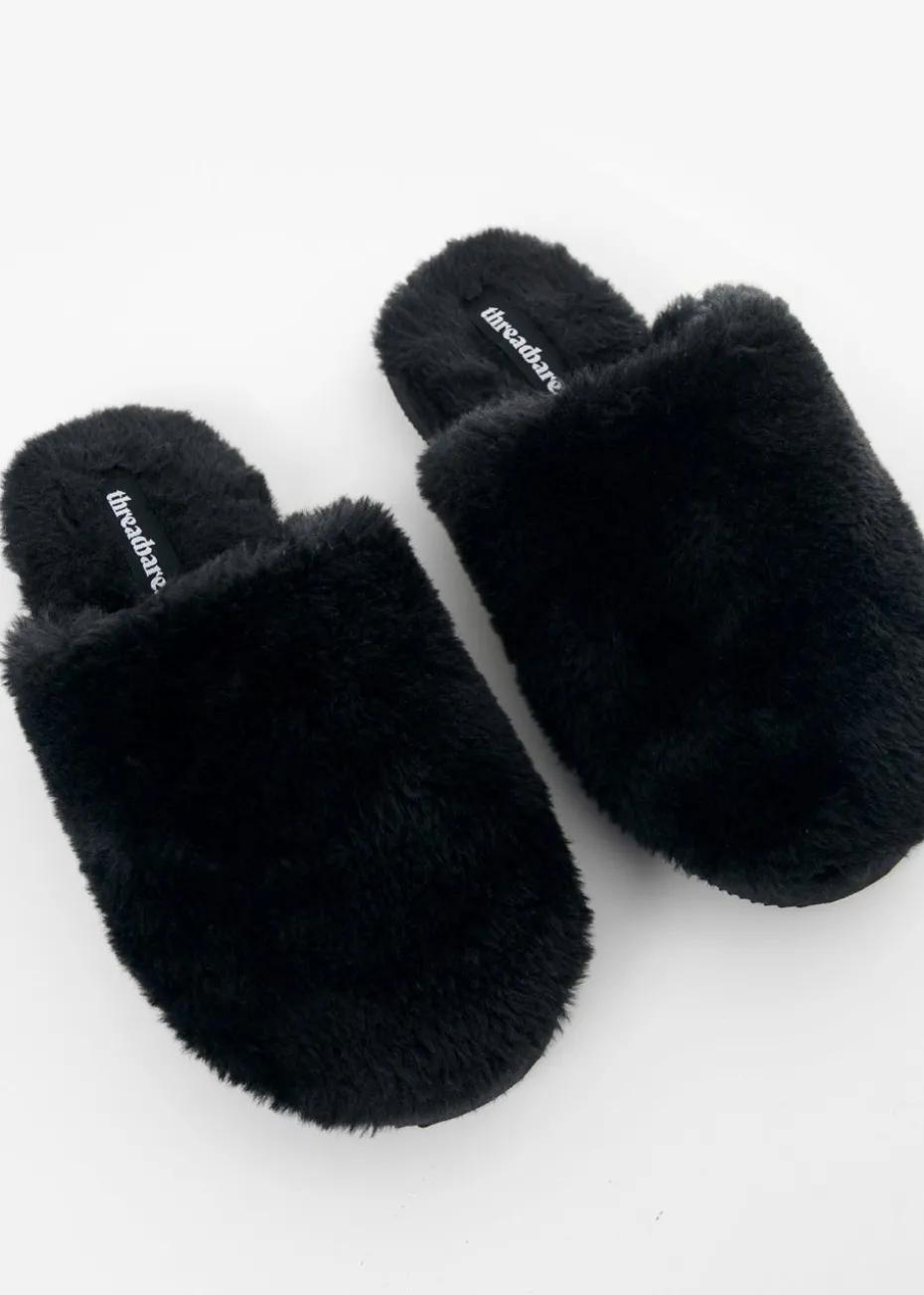 Threadbare Black Faux Fur Mule Slippers