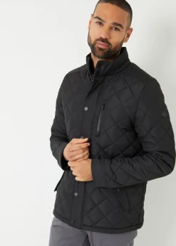 Threadbare Black Funnel Neck Diamond Quilted Jacket