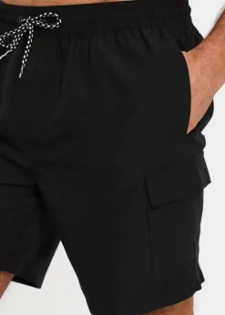 Threadbare Black Mid-length Cargo Swim Shorts