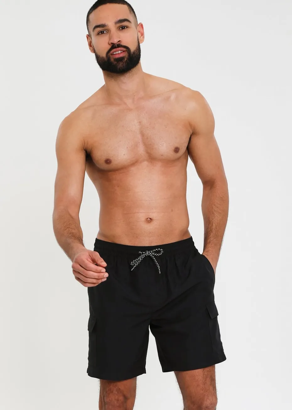 Threadbare Black Mid-length Cargo Swim Shorts