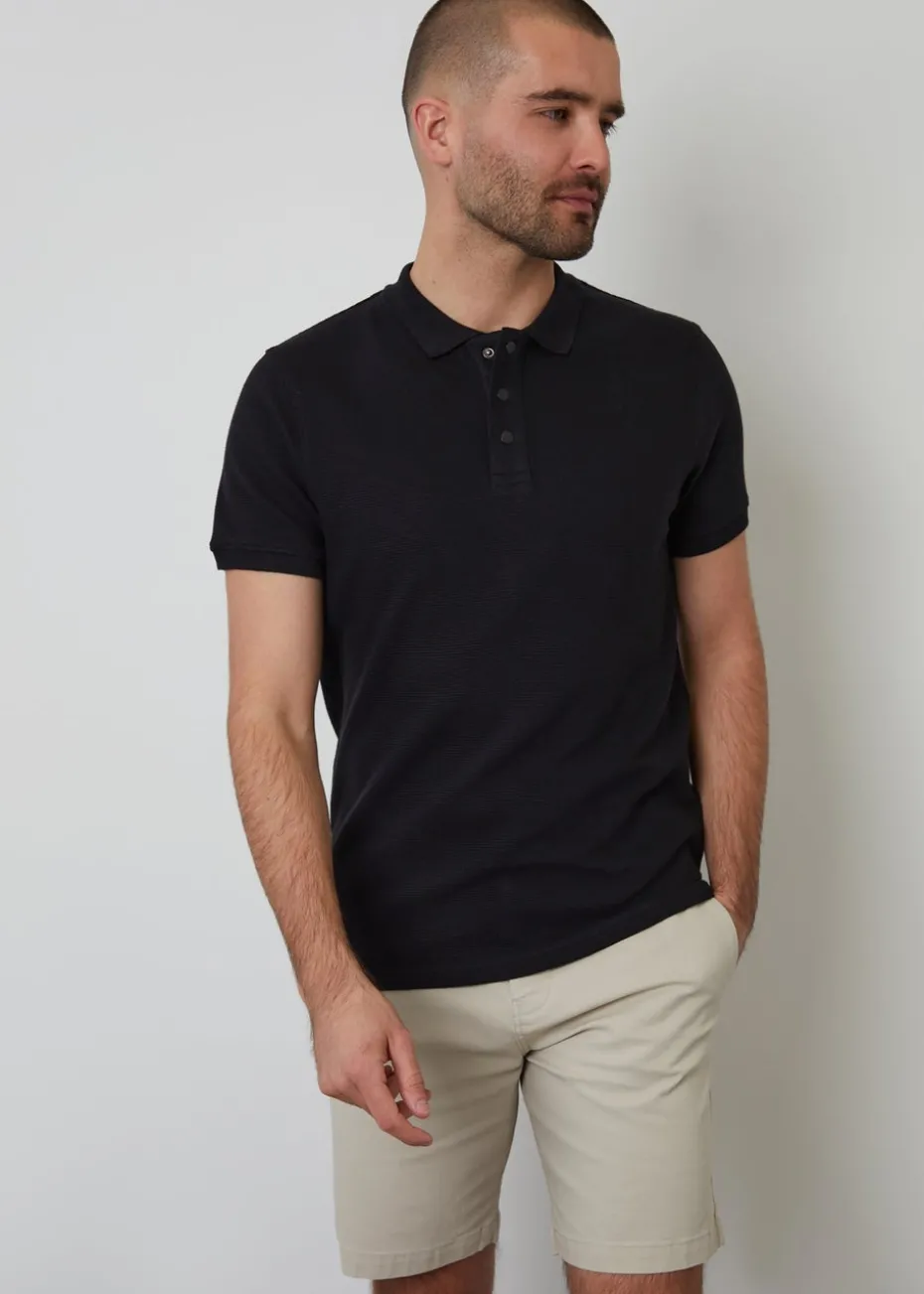 Threadbare Black Ottoman Rib Textured Cotton Polo Shirt