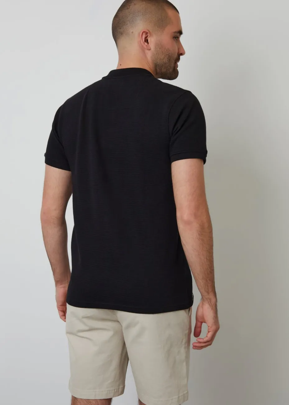 Threadbare Black Ottoman Rib Textured Cotton Polo Shirt